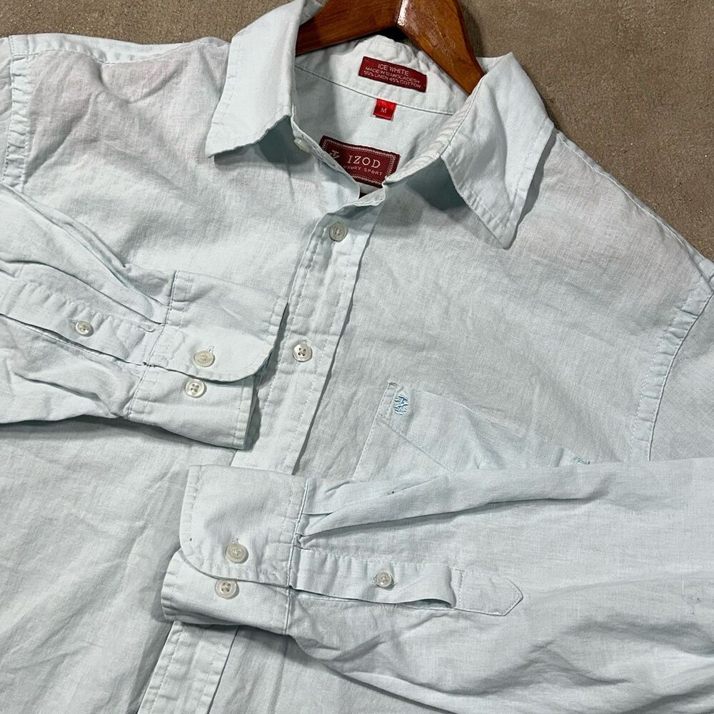 Izod Men's Medium Linen Long Sleeve Shirt Button Up Ice White Light Blue